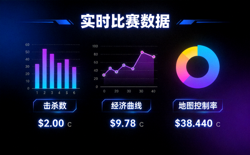 电竞数据可视化大屏展示 - 多个彩色图表显示实时比赛数据，如击杀数、经济曲线、地图控制率