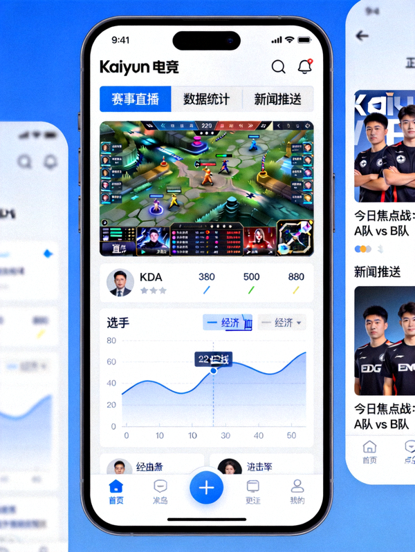 《Kaiyun电竞》APP手机界面展示 - 手机屏幕上显示着赛事直播、数据统计和新闻推送的清爽界面